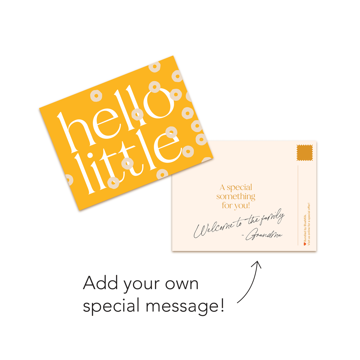 Chunky Deli product image: "Hello Little" gift message card, showing the back with a yellow background and cheerios, and the front with space for a custom gift note.