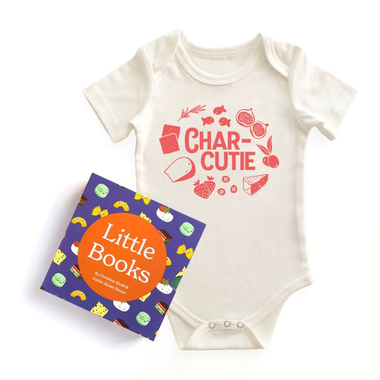  Chunky Deli product image: "Little Books Culinary Collection" box set laid on top of the "Charcutie" baby onesie (100% cotton, natural color), both flat on a white background.