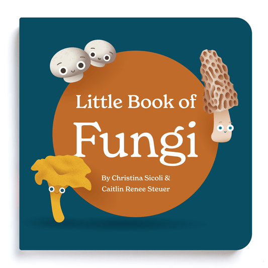 Chunky Deli product photo: Close-up of the dark blue cover of "Little Book of Fungi" by Caitlin Renee Steuer and Christina Sicoli, featuring a brown spot design and displayed on a white background.