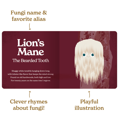  Chunky Deli product image: "Little Book of Fungi" open to the Lion's Mane spread (maroon page). The left side features the mushroom's title, subtitle, and a playful poem, while the right side showcases a character illustration of the Lion's Mane mushroom