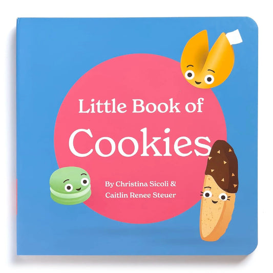 Chunky Deli product photo: The blue cover of "Little Book of Cookies" featuring a pink dot highlighting the title, surrounded by illustrations of a fortune cookie, biscotti, and macaron, laid flat on a white background.