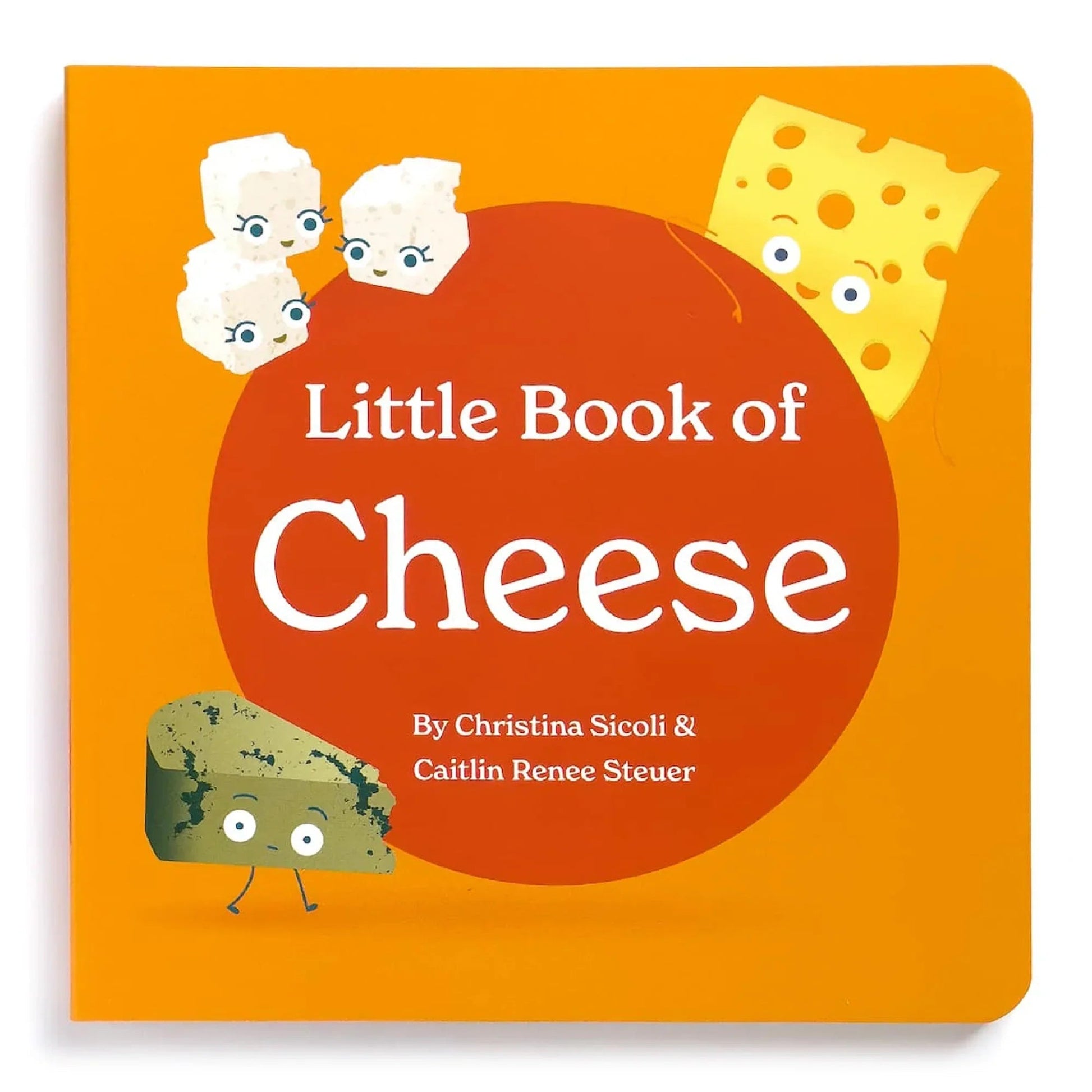 Chunky Deli product photo: The orange cover of "Little Book of Cheese" featuring a vibrant red spot in the center, surrounded by illustrations of feta, gorgonzola, and swiss cheese characters, laid flat on a white background.