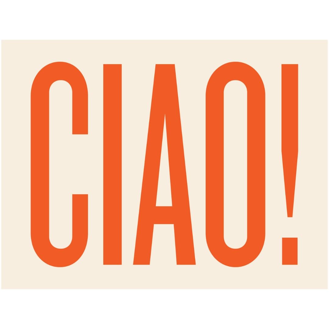 Chunky Deli product image: Close-up of the back of the "Ciao" gift message card, featuring the Italian word "Ciao" in large font on a peach background, laid flat on a white background.