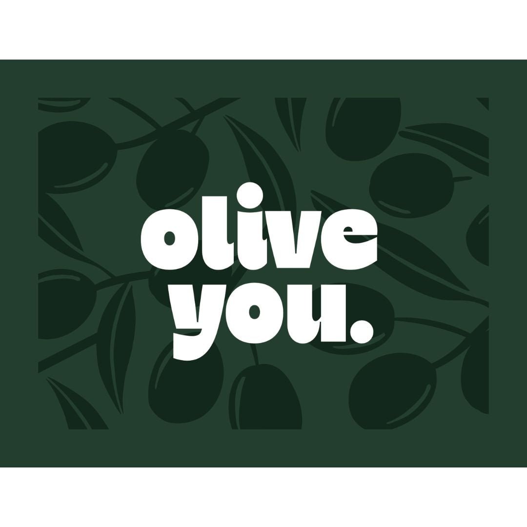 Chunky Deli product image: Green greeting card with the pun "Olive You" (referencing the olive fruit) and dark illustrations of olives, laid flat on a white background.