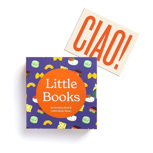 Chunky Deli product image: "Little Books Culinary Collection" (a set of three books: "Little Book of Pasta," "Little Book of Cheese," and "Little Book of Cookies") displayed next to a Chunky Deli "Ciao" gift note card, which can be customized with a messa