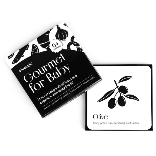 Chunky Deli product image: Open box of "Gourmet for Baby" black and white art cards, displaying an olive card, with the box top to the side, all on a white background.