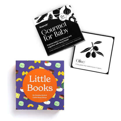 Chunky Deli product image: The "Little Books Culinary Collection" box set (containing "Little Book of Pasta," "Little Book of Cheese," and "Little Book of Cookies") alongside the "Gourmet for Baby" black and white art cards (open box showing contents).