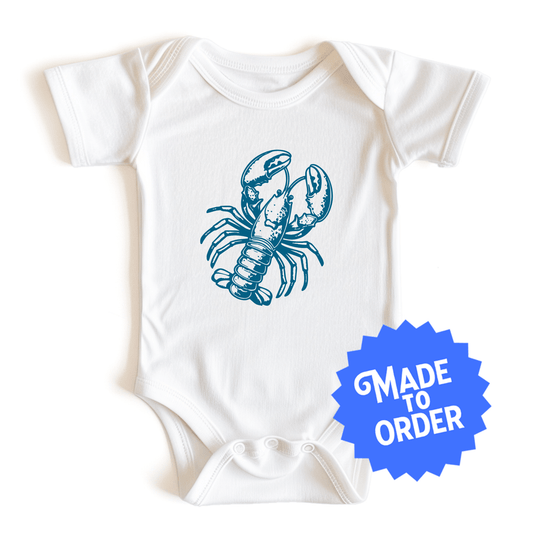 Chunky Deli product image: Natural-colored Lobster onesie, 100% cotton with envelope shoulders and three-snap closure, laid flat on a white background.