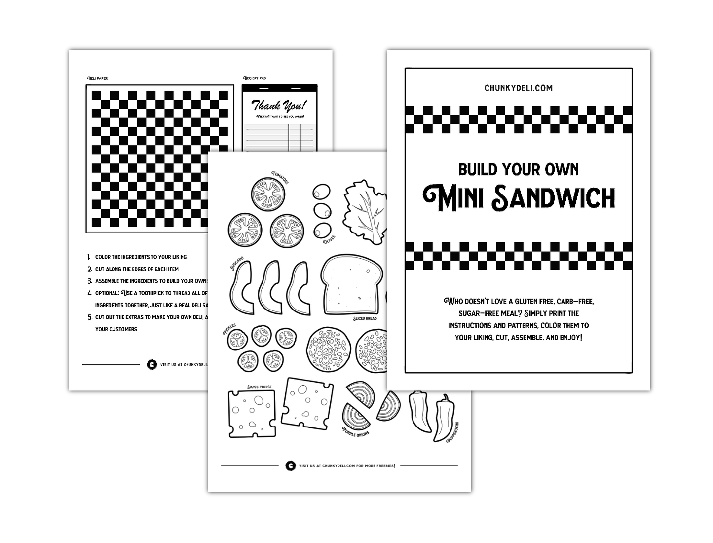 Chunky Deli product image: The Mini Sandwich Printable, a free printable available on the Chunky Deli website. It features outlines of sandwich ingredients that users can color, cut, and stack to create a pretend sandwich.