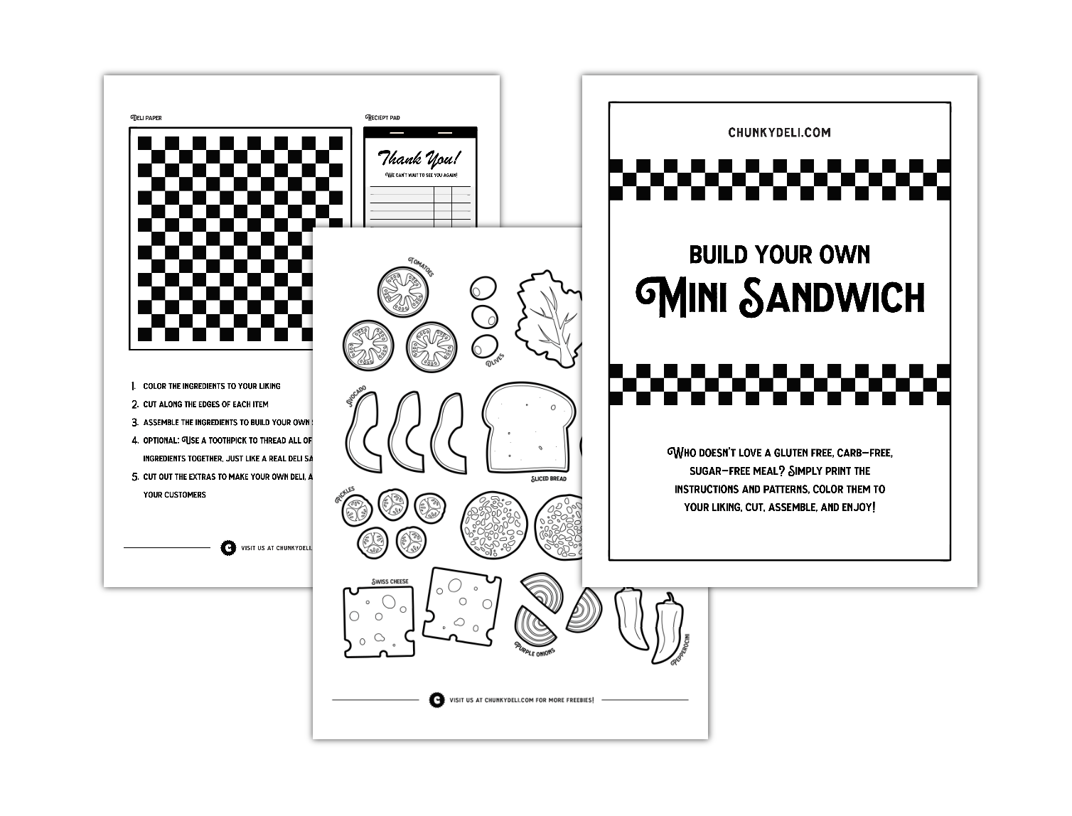 Chunky Deli product image: The Mini Sandwich Printable, a free printable available on the Chunky Deli website. It features outlines of sandwich ingredients that users can color, cut, and stack to create a pretend sandwich.