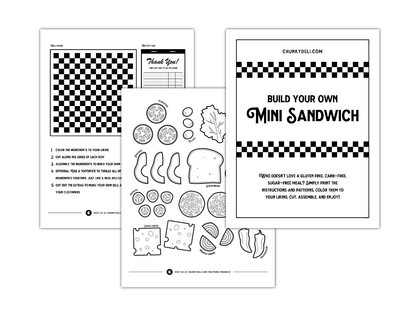 Chunky Deli product image: The Mini Sandwich Printable, a free printable available on the Chunky Deli website. It features outlines of sandwich ingredients that users can color, cut, and stack to create a pretend sandwich.