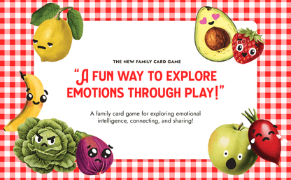 Illustrated quote of a "Moody Food" game review: "The new family card game—a fun way to explore emotions through play!" with a border of a red and white kingdom, fruits, and vegetables expressing emotions.