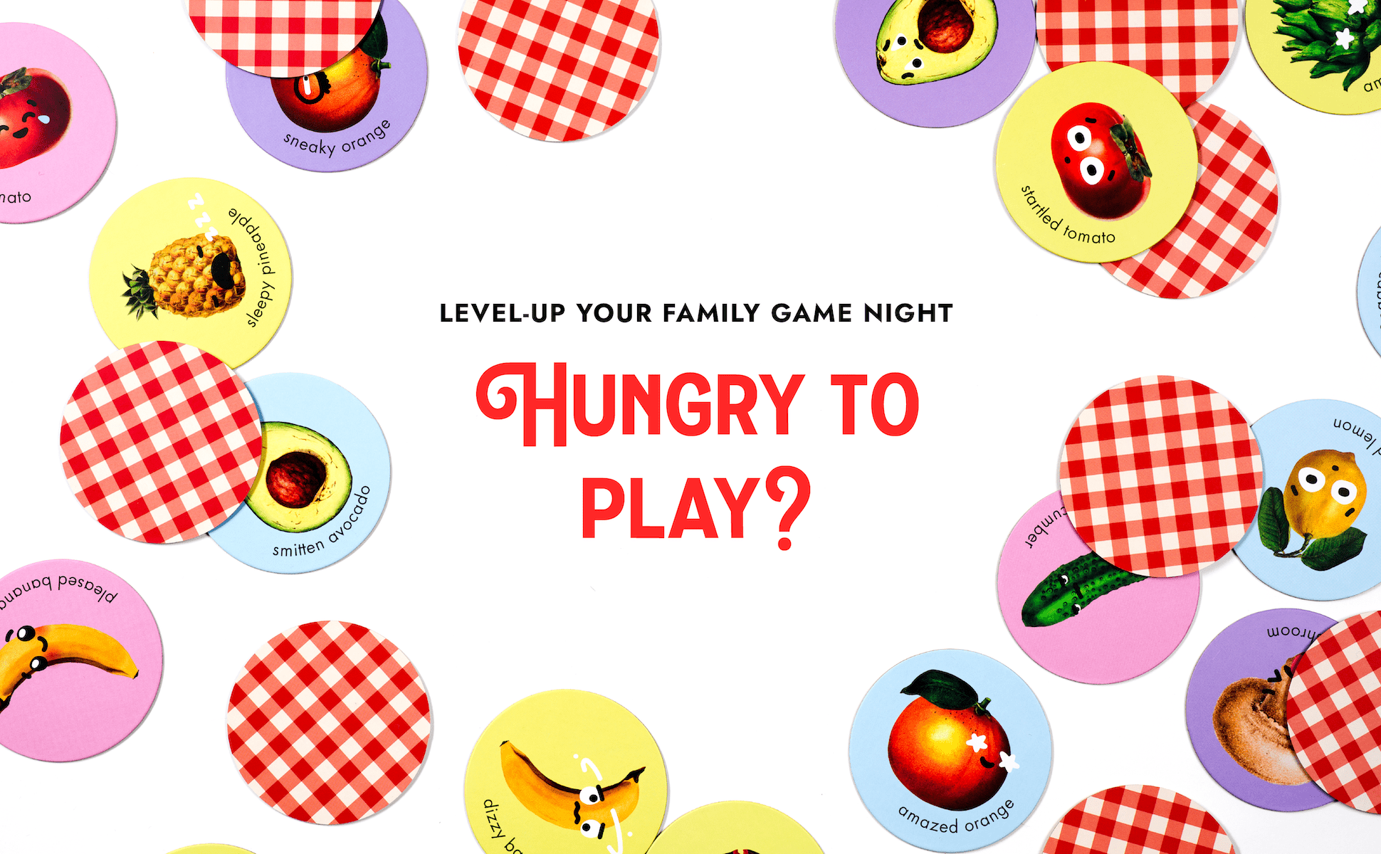 Text-based image with the quote "Level up your family game night. Hungry to play?" surrounded by "Moody Food" game cards facing up and down.