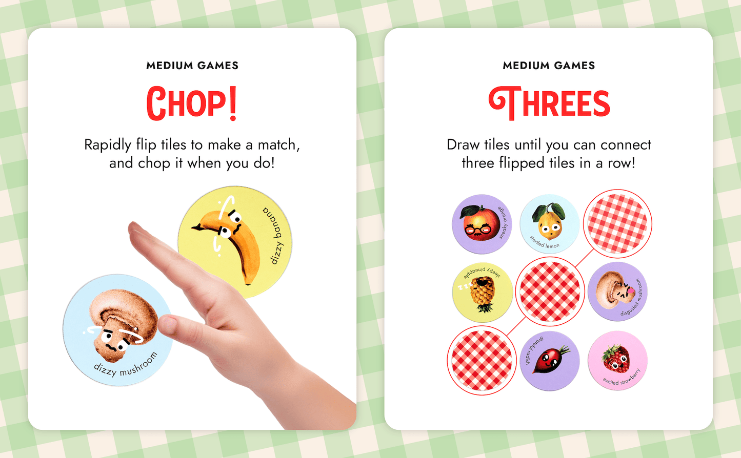 Image explaining two medium-difficulty games from Moody Food: "Chop," where players flip tiles to find matches, and "Threes," where players try to create three in a row, similar to bingo.