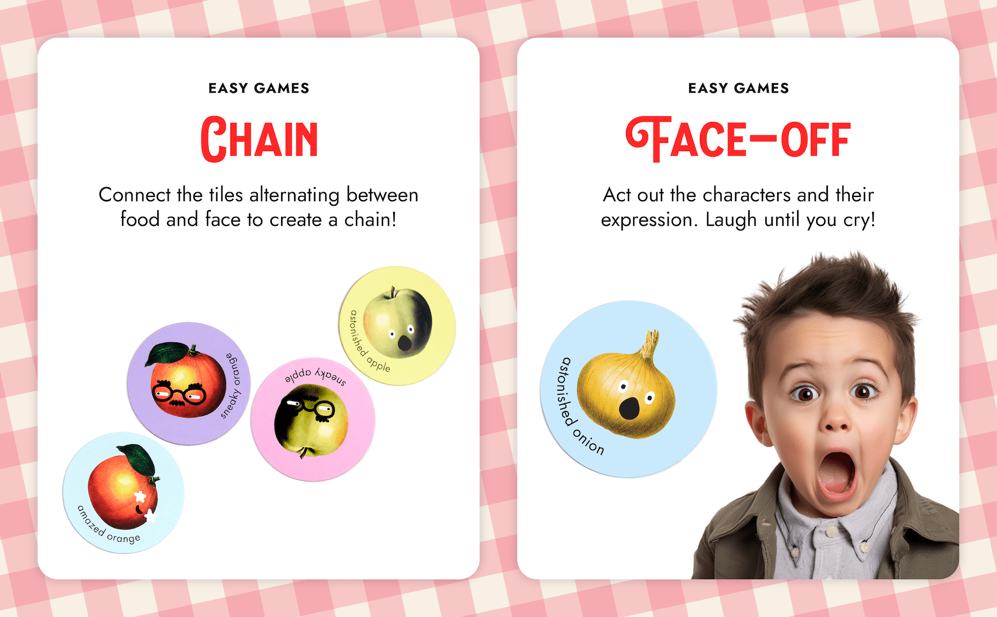 Image explaining two easy games from the Moody Food card game: "Chain," where players alternate between faces and emotions, and "Face Off," an acted-out expression type charades game.