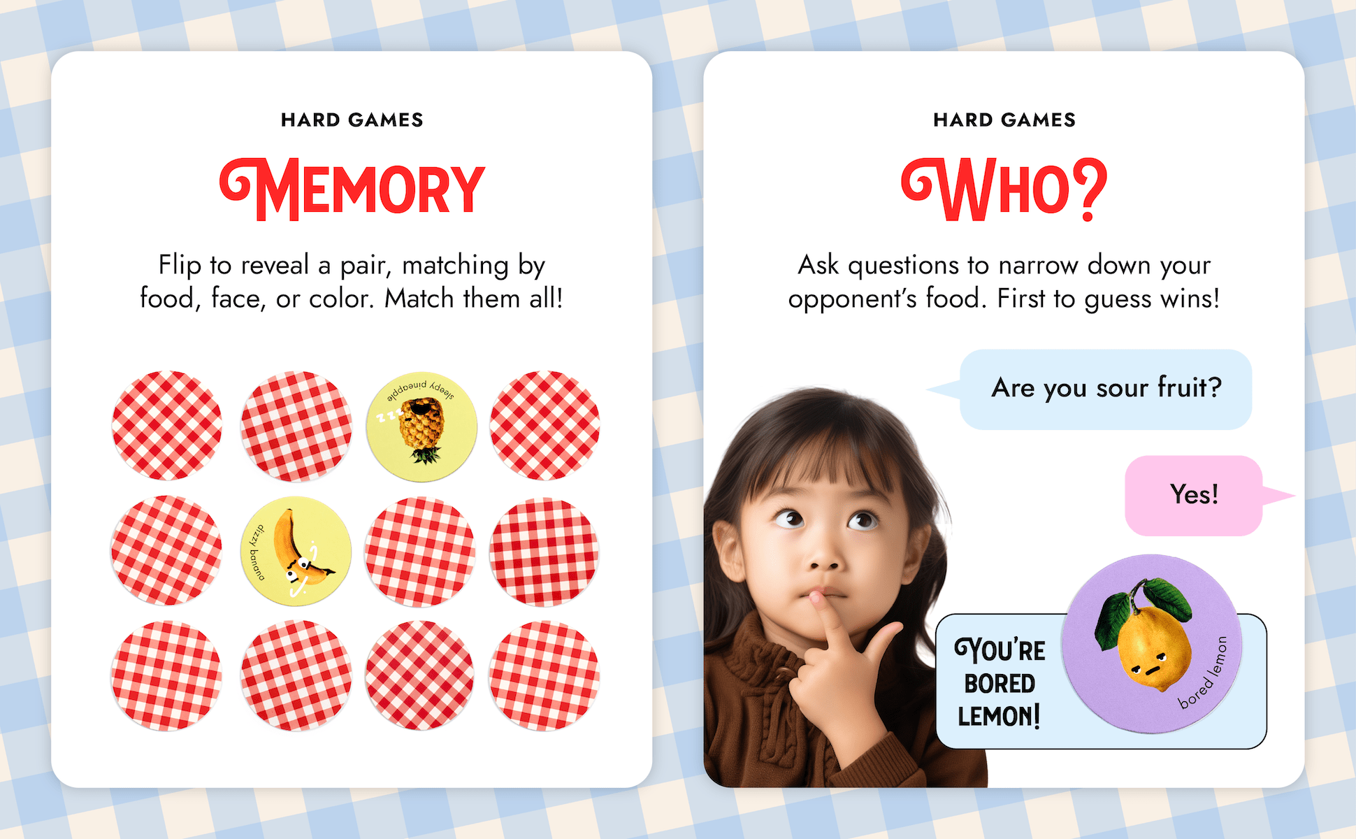 Image explaining two challenging games from Moody Food: a memory game where players flip cards to find matches, and "Who?" where participants ask questions to identify the food and emotion on a hidden card.