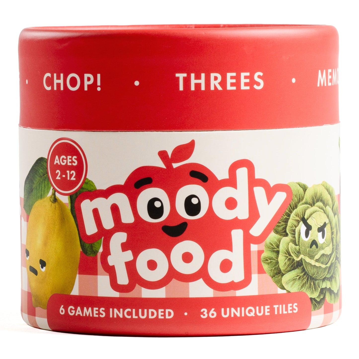 Chunky Deli product photo: Detailed view of the "Moody Food" card case, highlighting the game names, player count, and whimsical illustrations of characters from the game. White background.