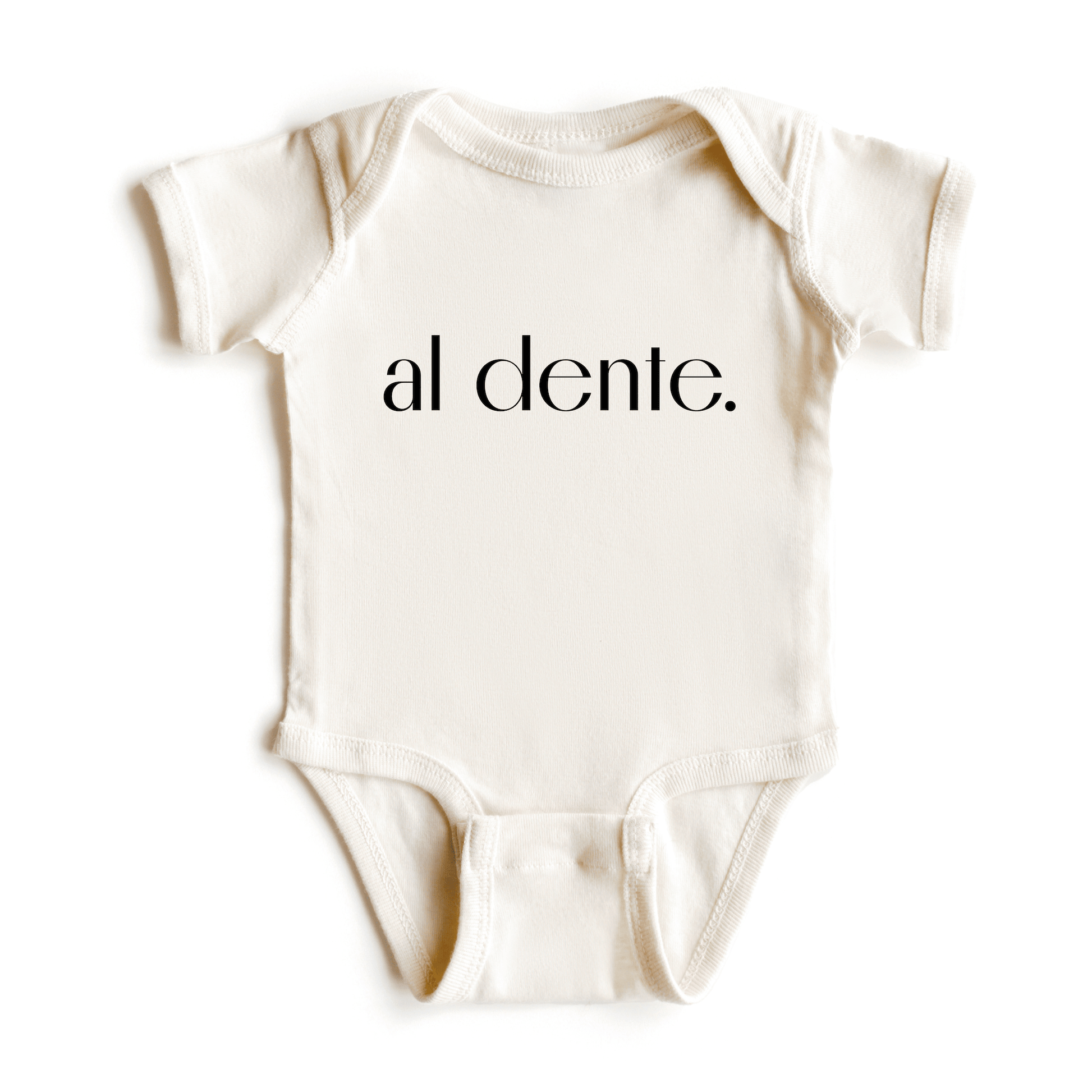  Chunky Deli product image: Natural-colored "Al Dente" onesie, 100% cotton with envelope shoulders and three-snap closure, laid flat on a white background.