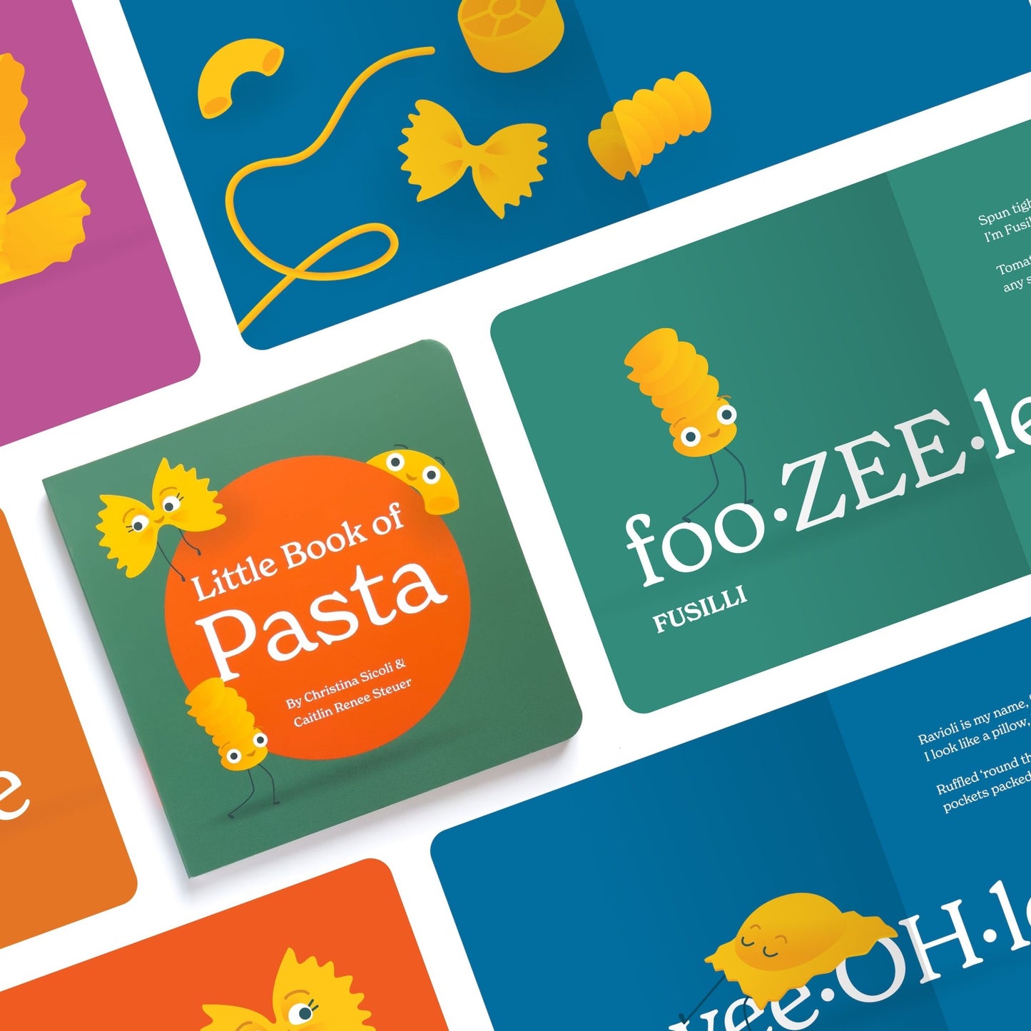 Chunky Deli product image: "Little Book of Pasta" cover in the center, flanked by an open spread featuring the pasta Fusilli and additional spreads open to purple, blue, and orange pages.