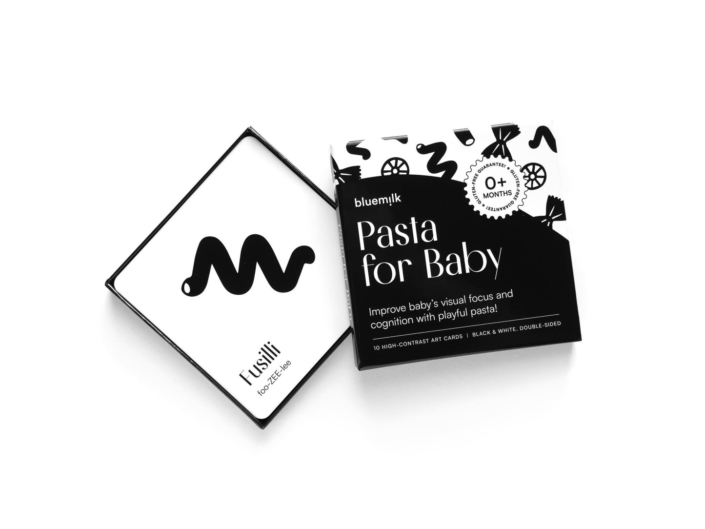 Chunky Deli product image: Open box of "Pasta for Baby" high-contrast black and white art cards for babies' visual stimulation and sensory play, showcasing a card with a repeating high-contrast pattern. All laid flat on a white background.