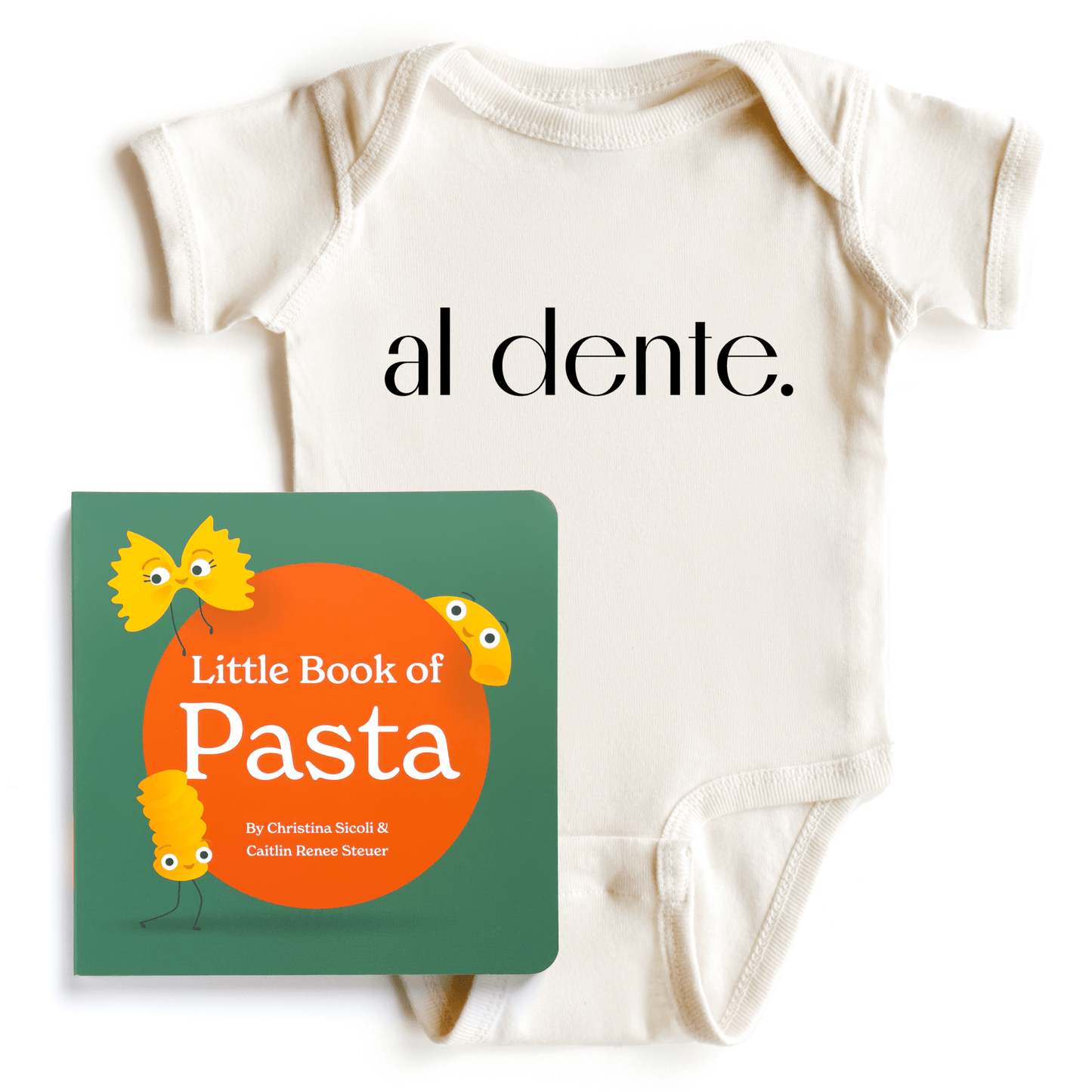 Chunky Deli product image: "Al Dente" onesie (100% cotton, natural color) with the "Little Book of Pasta" laid on top, showcasing the products bundled together on a flat white background.