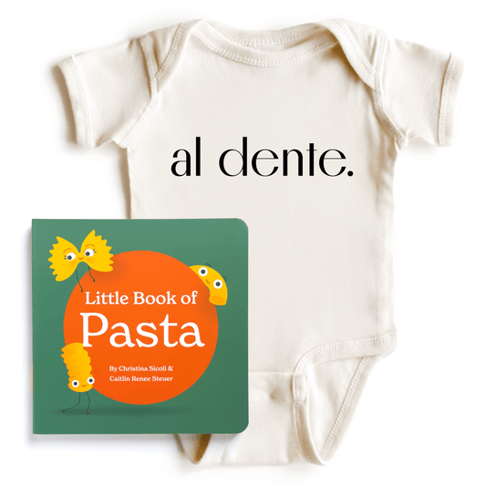 Chunky Deli product image: "Al Dente" onesie (100% cotton, natural color) with the "Little Book of Pasta" laid on top, showcasing the products bundled together on a flat white background.