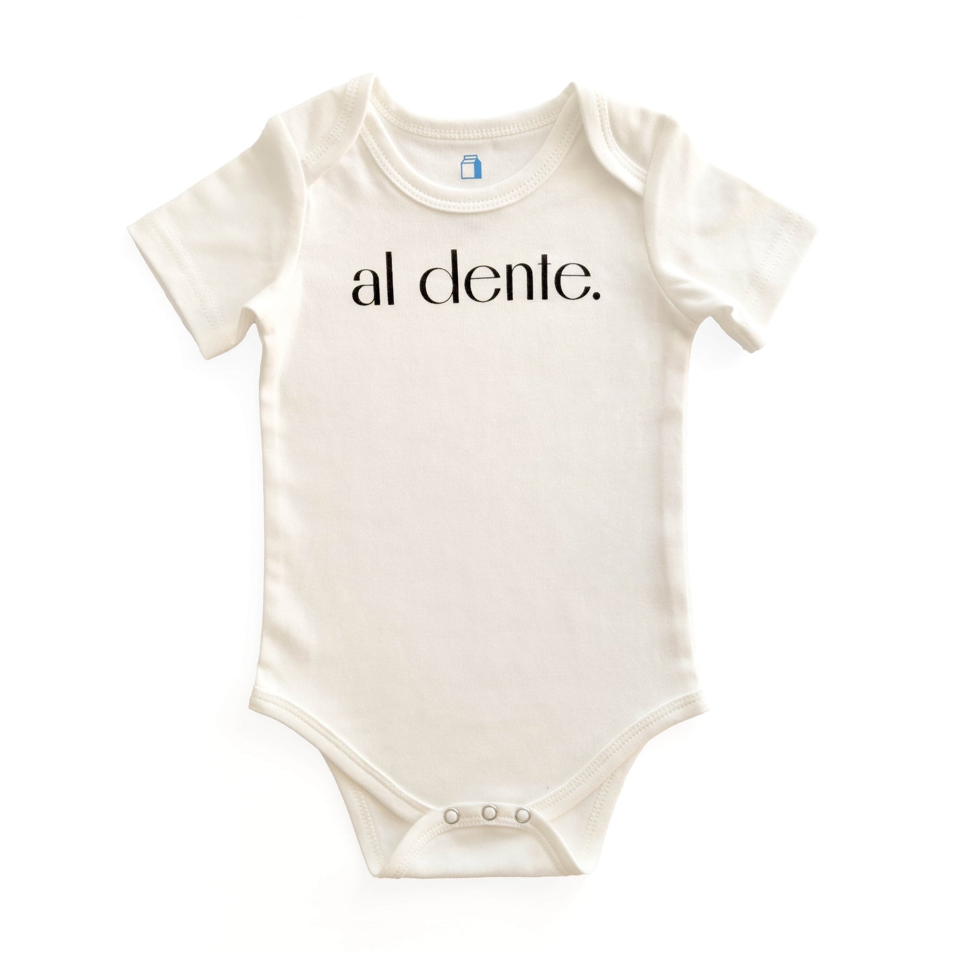  Product display image of the "Al Dente" baby onesie in natural cotton, laid flat on a white background. Chunky Deli product image.