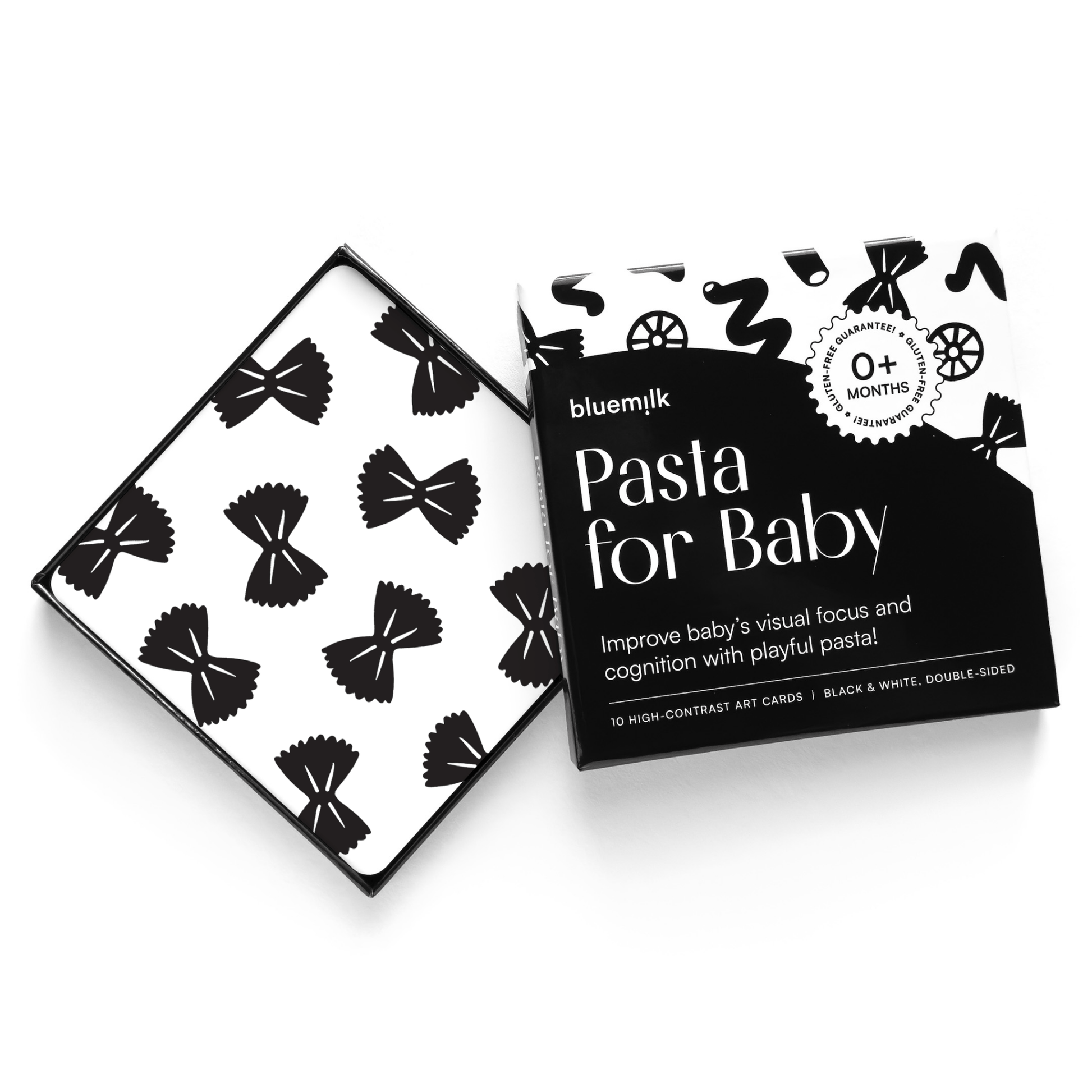 Chunky Deli product image: Open box of "Pasta for Baby" high-contrast black and white art cards for babies' visual stimulation and sensory play, showcasing a card with a repeating high-contrast pattern. All laid flat on a white background.