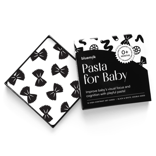 Chunky Deli product image: Open box of "Pasta for Baby" high-contrast black and white art cards for babies' visual stimulation and sensory play, showcasing a card with a repeating high-contrast pattern. All laid flat on a white background.