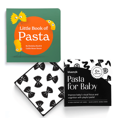 Chunky Deli product image: Flat lay on a white background featuring two products: "Little Book of Pasta" with pasta characters peeking out, and an open box of "Pasta for Baby" high-contrast art cards, revealing a farfalle card.