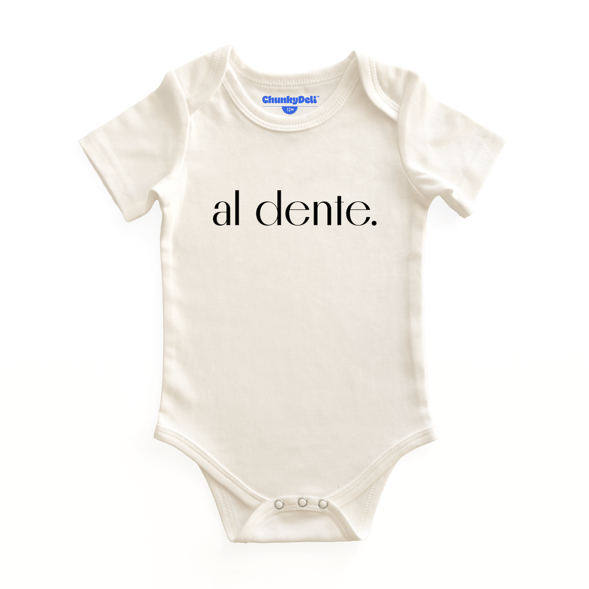  Product display image of the "Al Dente" baby onesie in natural cotton, laid flat on a white background. Chunky Deli product image.