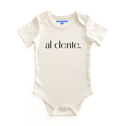  Product display image of the "Al Dente" baby onesie in natural cotton, laid flat on a white background. Chunky Deli product image.