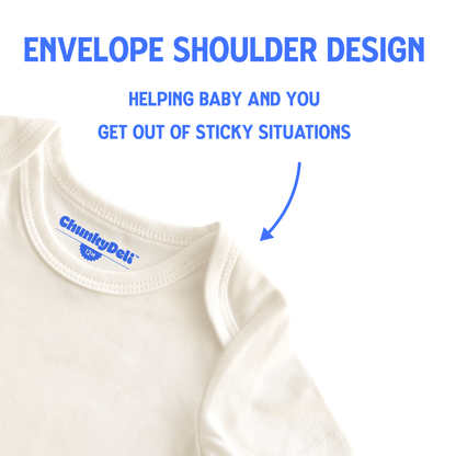 Close-up of a Chunky Deli baby bodysuit in natural, showing the envelope shoulder design with an arrow pointing to it. Text reads "Envelope Shoulder Design helping baby and you get out of sticky situations." White background. Chunky Deli product photo.