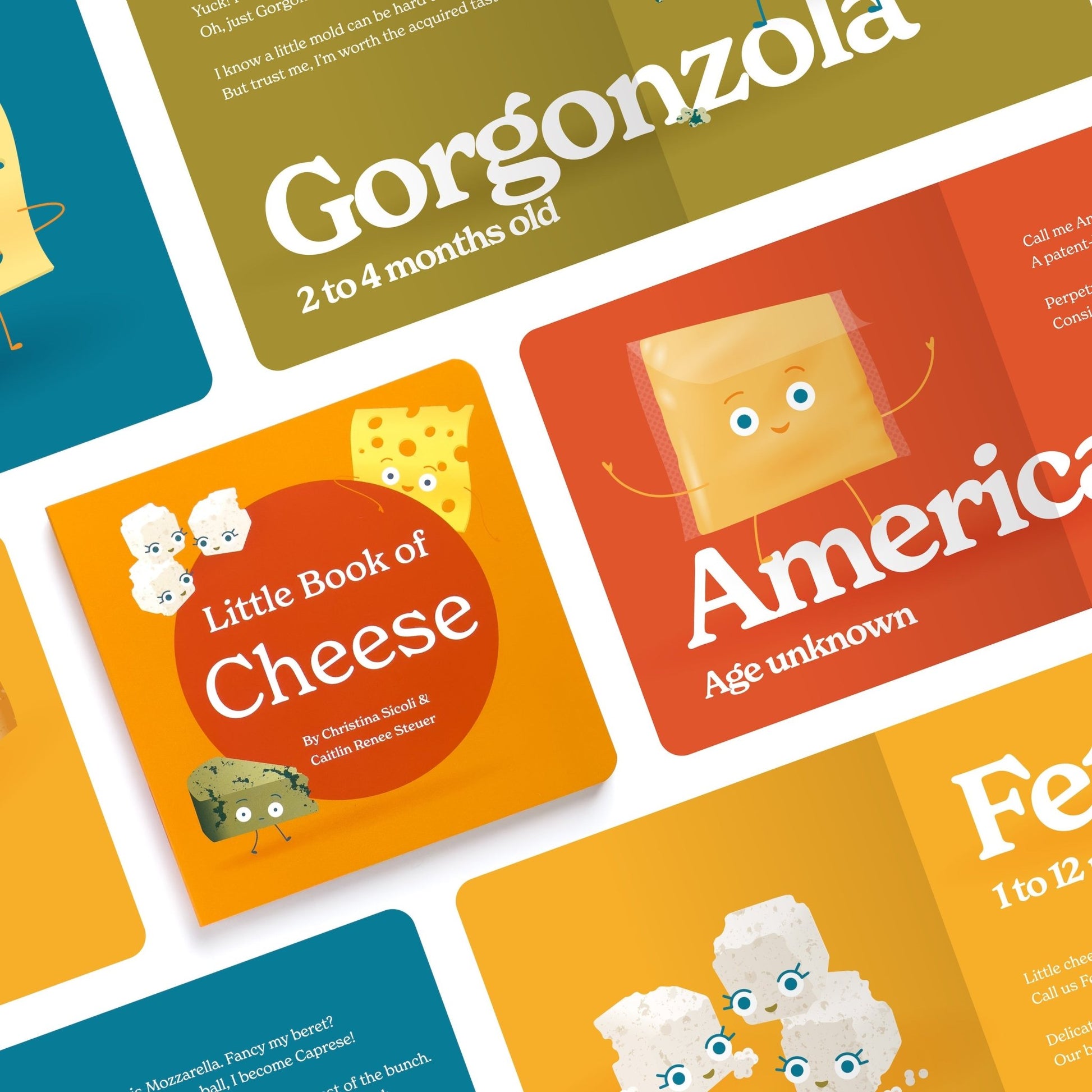 Chunky Deli product image: "Little Book of Cheese" cover in the center, flanked by an open spread featuring American cheese and additional spreads open to blue, green, and yellow pages.