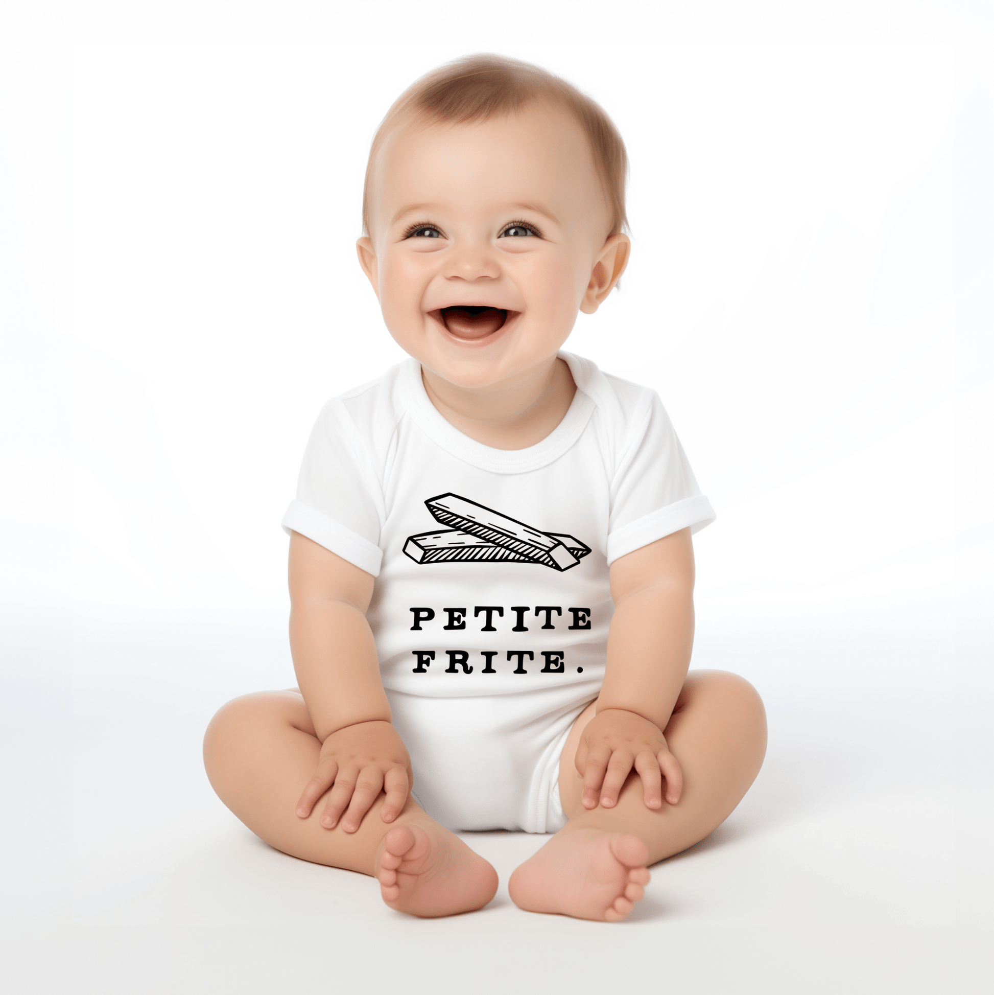 Chunky Deli product image: Happy, smiling baby wearing the "Petite Frite" onesie, showcasing the short sleeves, envelope shoulder, and graphic design across the chest. White background.