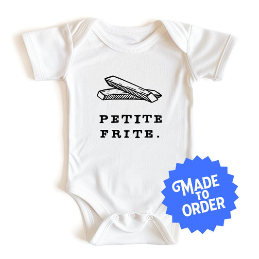 Product display image of the "Petite Frite" baby onesie in natural cotton, laid flat on a white background. Chunky Deli product image.