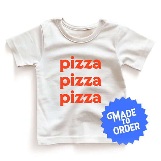 Chunky Deli product image: White short-sleeved kids' and toddler t-shirt with the text "Pizza Pizza Pizza" stacked vertically in orange font on the chest.