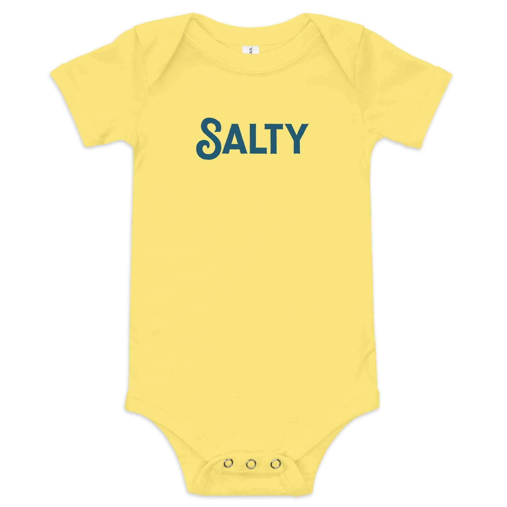 Product display image of the "Salty" baby onesie in yellow cotton, laid flat on a white background. Chunky Deli product image.