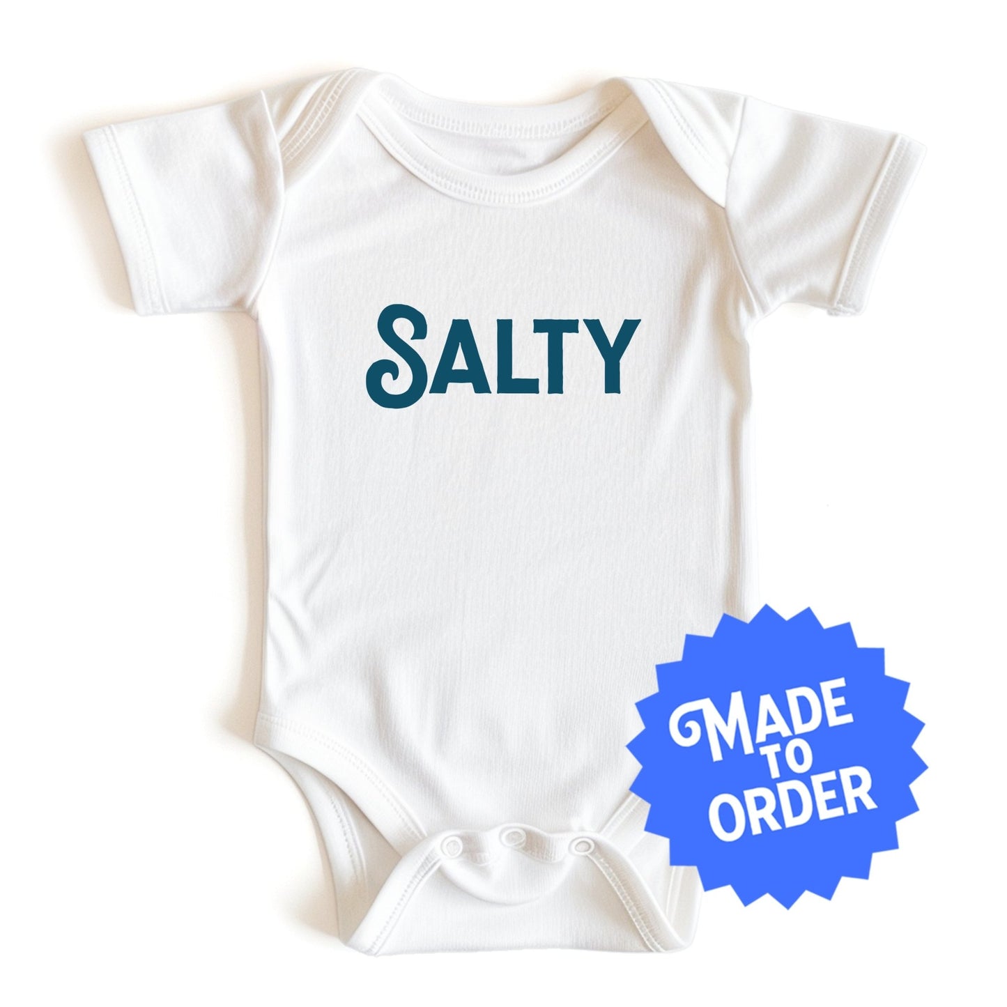 Product display image of the "Salty" baby onesie in natural cotton, laid flat on a white background. Chunky Deli product image.