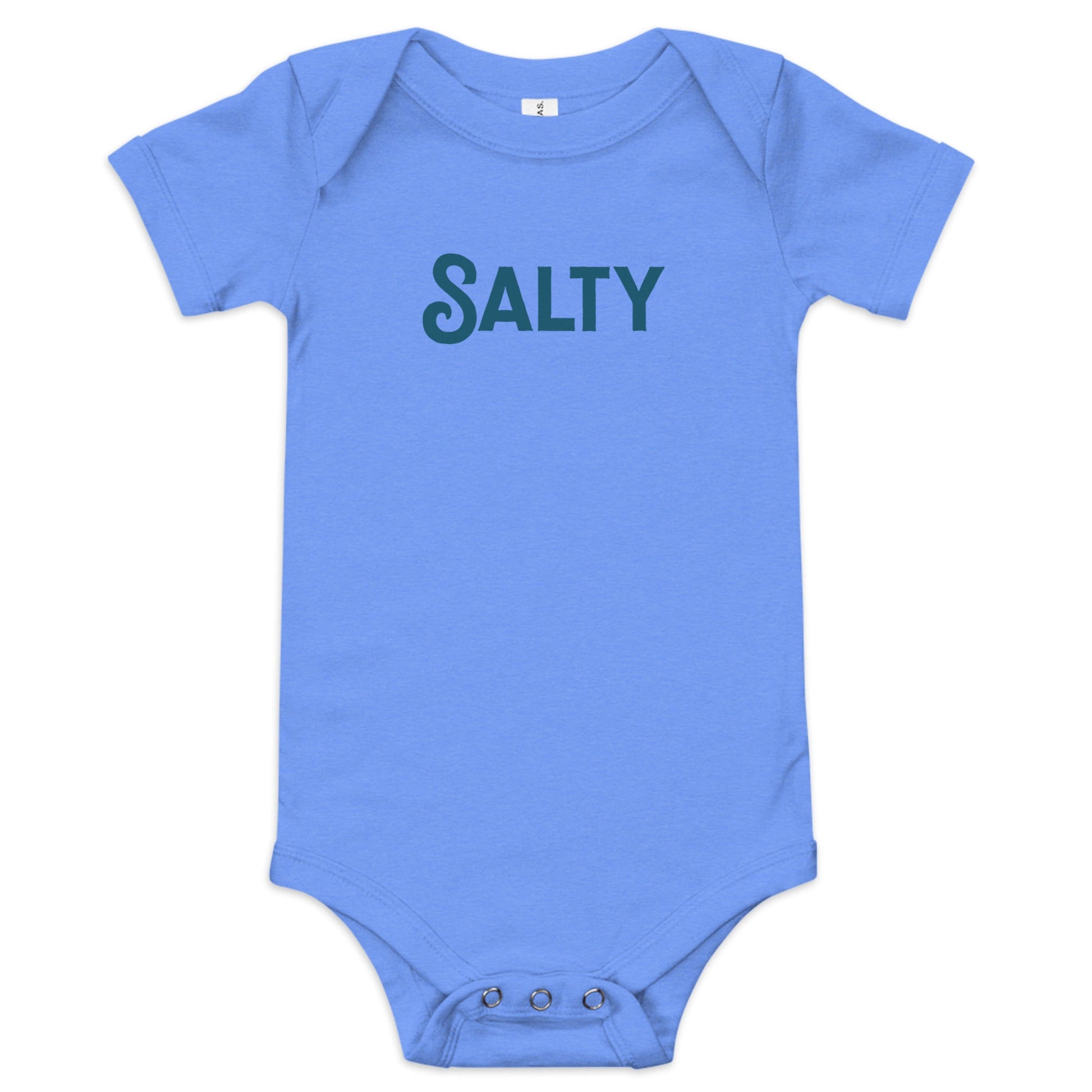 Product display image of the "Salty" baby onesie in blue cotton, laid flat on a white background. Chunky Deli product image.