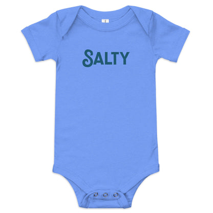 Product display image of the "Salty" baby onesie in blue cotton, laid flat on a white background. Chunky Deli product image.