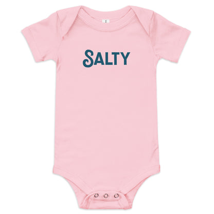 Product display image of the "Salty" baby onesie in pink cotton, laid flat on a white background. Chunky Deli product image.