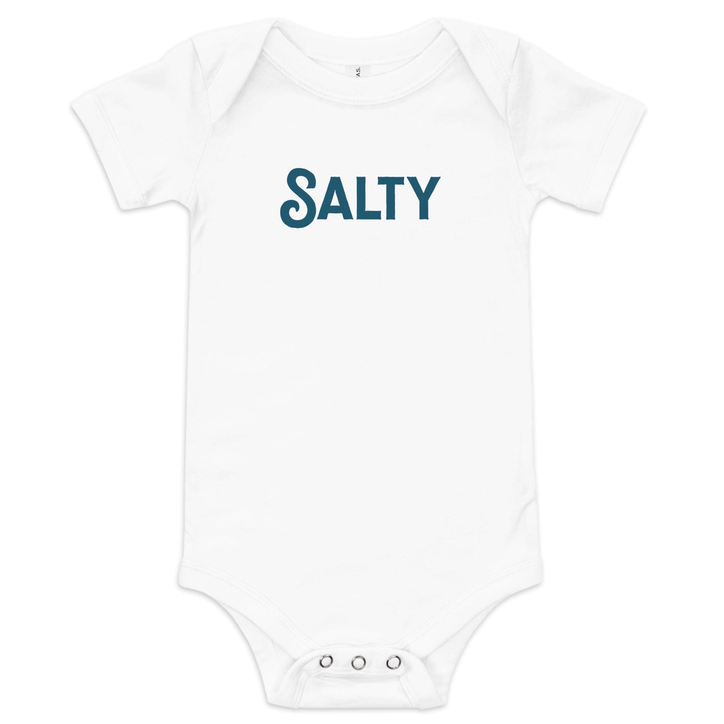 Product display image of the "Salty" baby onesie in natural cotton, laid flat on a white background. Chunky Deli product image.