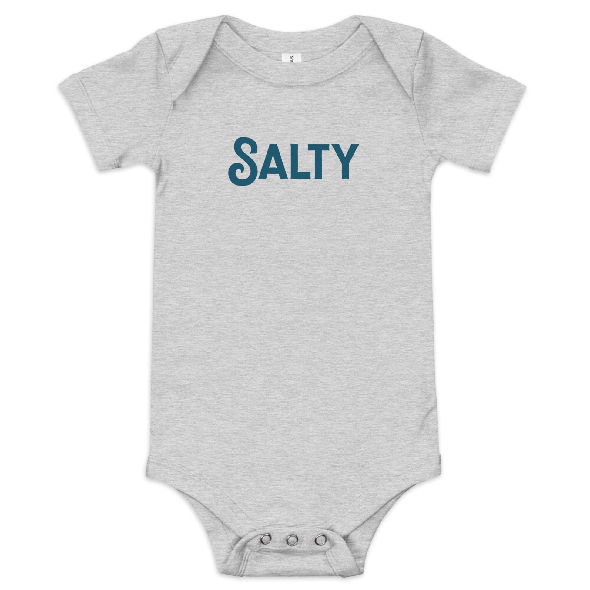 Product display image of the "Salty" baby onesie in grey cotton, laid flat on a white background. Chunky Deli product image.