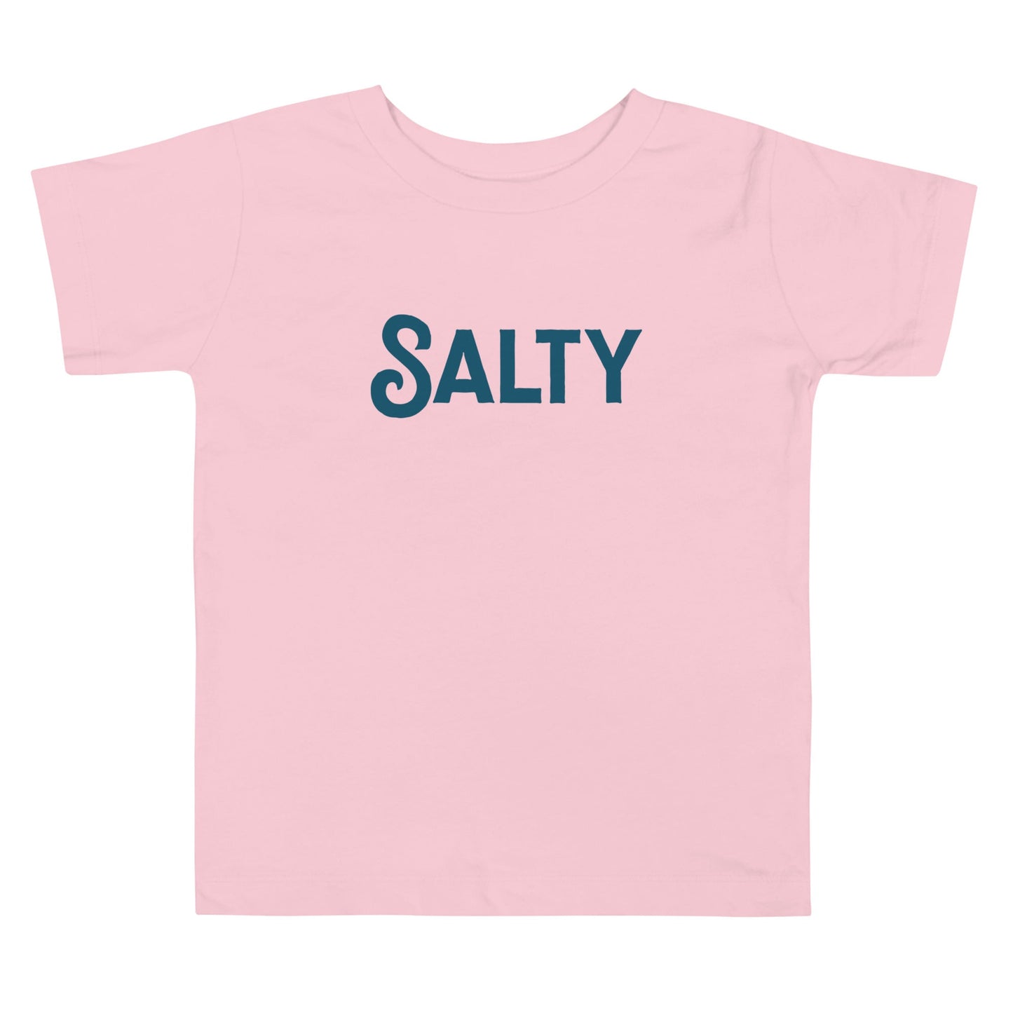 Chunky Deli product image: Pink short-sleeved kids' and toddler t-shirt with the text "Salty" in cursive font across the chest, laid flat on a white background.