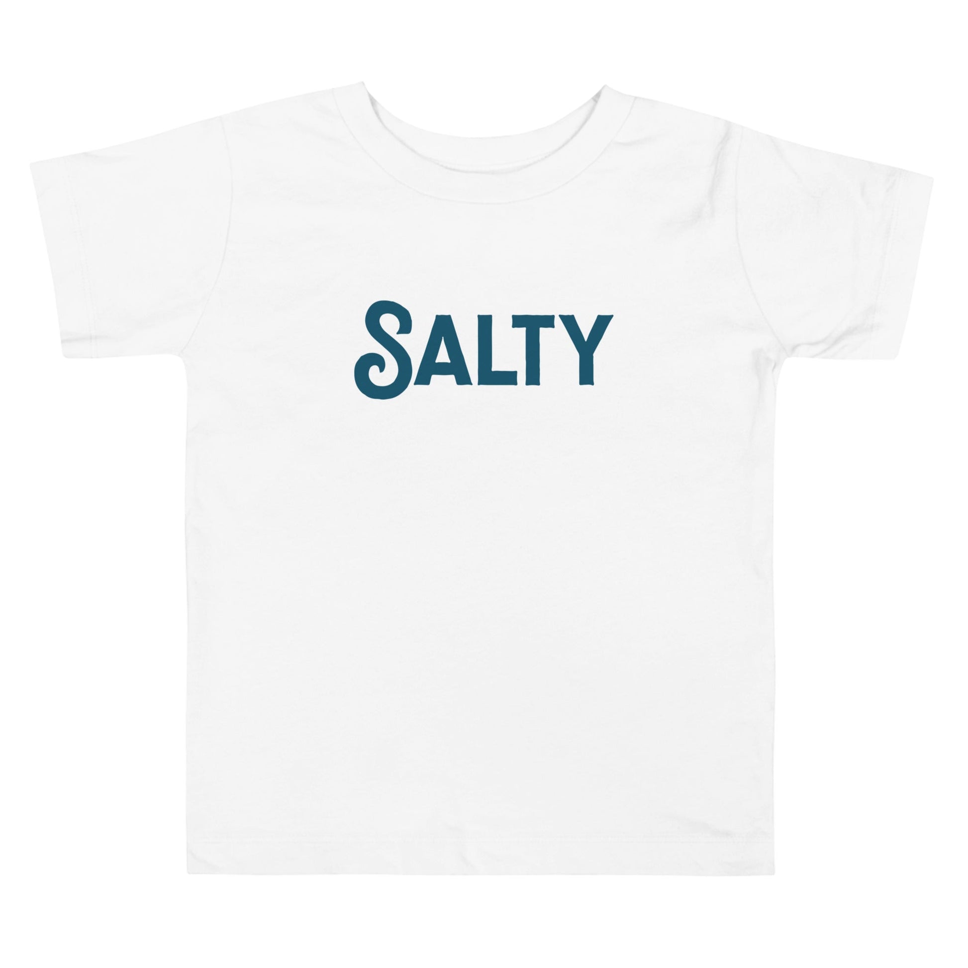 Chunky Deli product image: White short-sleeved kids' and toddler t-shirt with the text "Salty" in cursive font across the chest, laid flat on a white background.