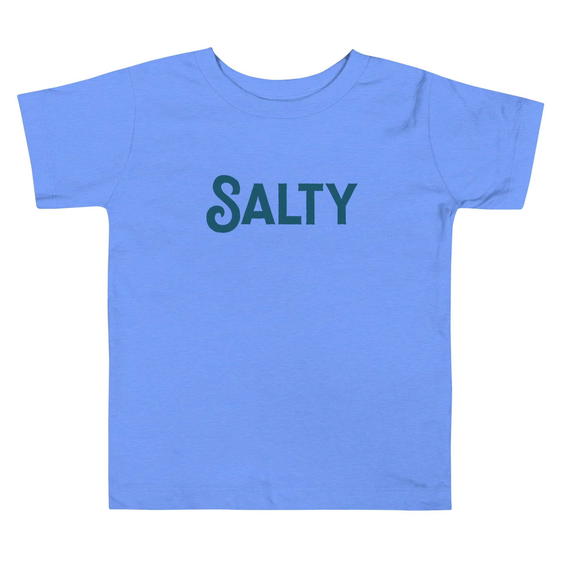 Chunky Deli product image: Blue short-sleeved kids' and toddler t-shirt with the text "Salty" in cursive font across the chest, laid flat on a white background.