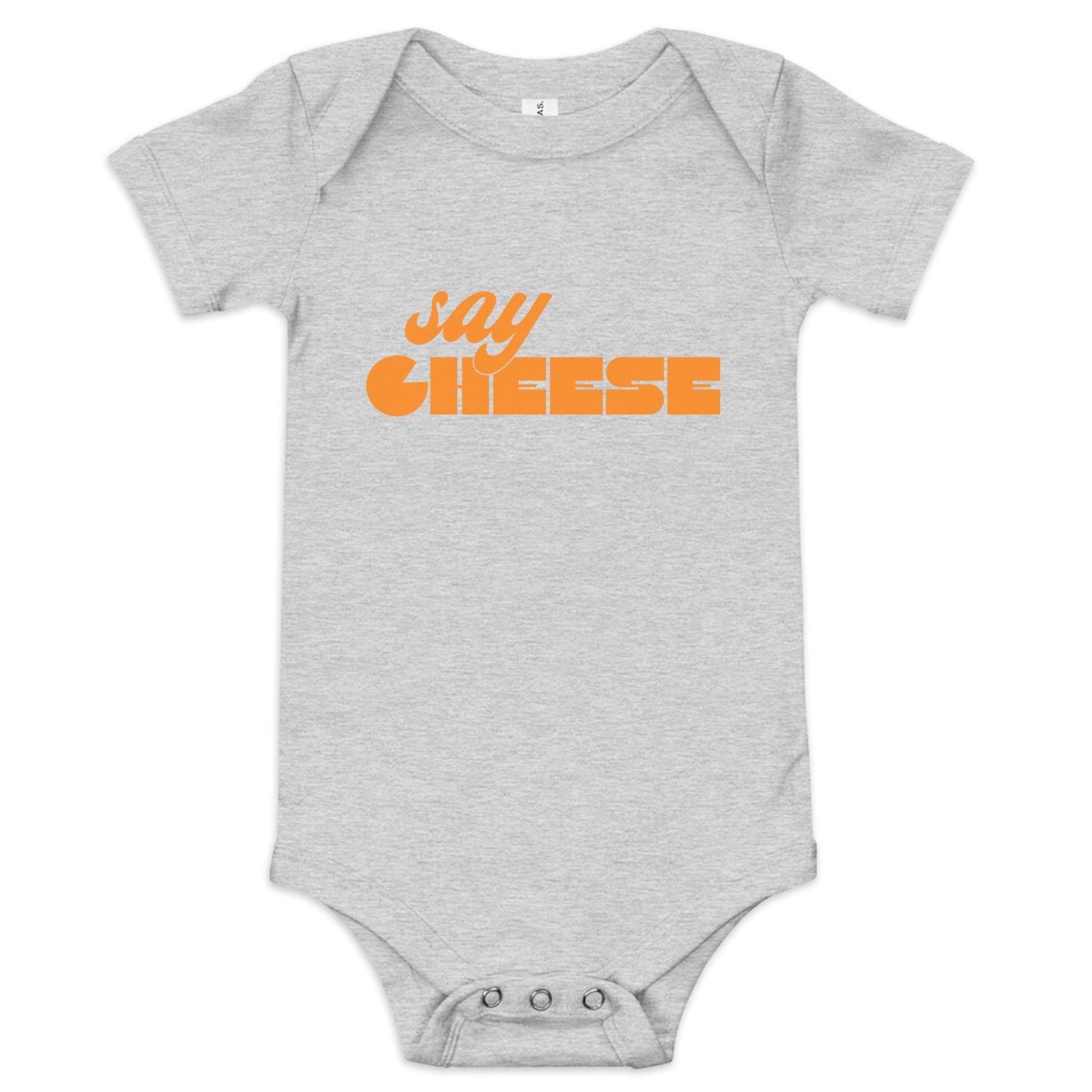 Chunky Deli product image: Grey-colored "Say Cheese" icon onesie, 100% cotton with envelope shoulders and three-snap closure, laid flat on a white background.