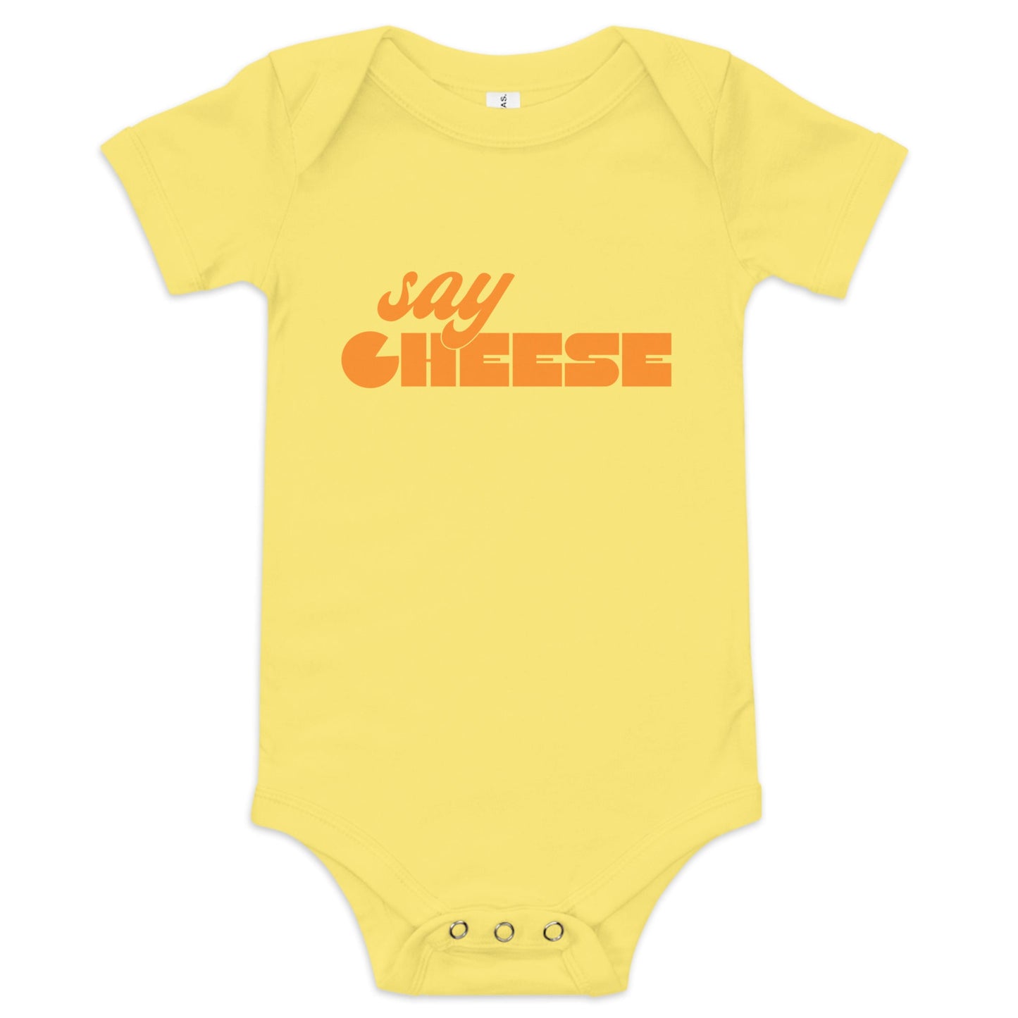 Chunky Deli product image: Yellow-colored "Say Cheese" icon onesie, 100% cotton with envelope shoulders and three-snap closure, laid flat on a white background.