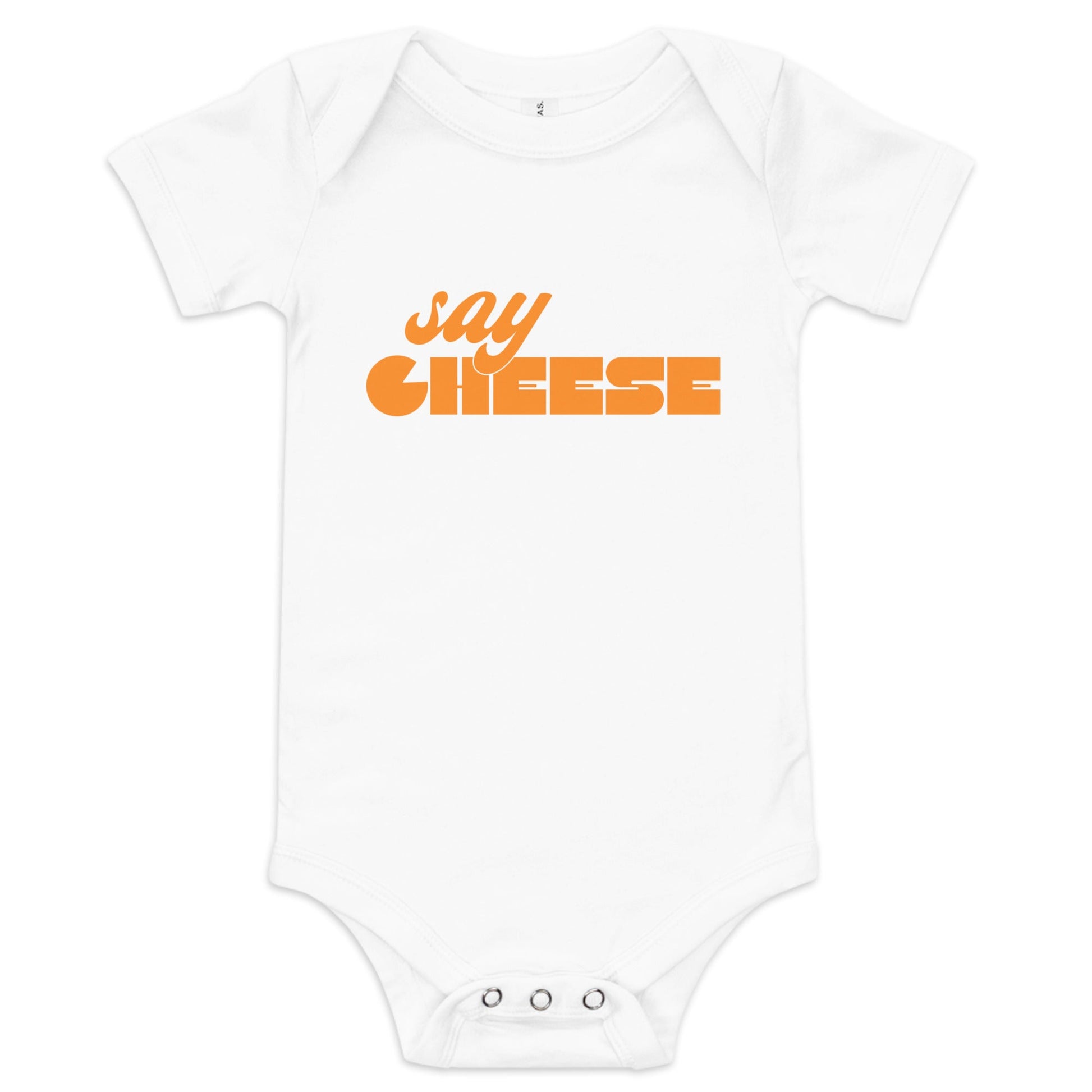 Chunky Deli product image: Natural-colored "Say Cheese" icon onesie, 100% cotton with envelope shoulders and three-snap closure, laid flat on a white background.